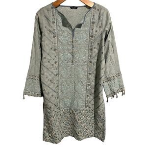 Sapphire Tunic Kurta Pakistani Formal Top Blouse Embroidered Long Sleeve Aqua